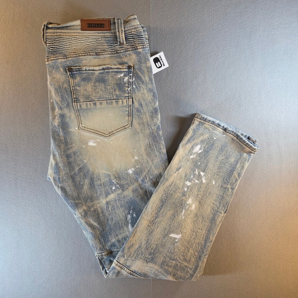 NEW Preme Monaco Regular Moto Jeans 40x32 Light Wash Paint Splatter‎ Biker Denim
